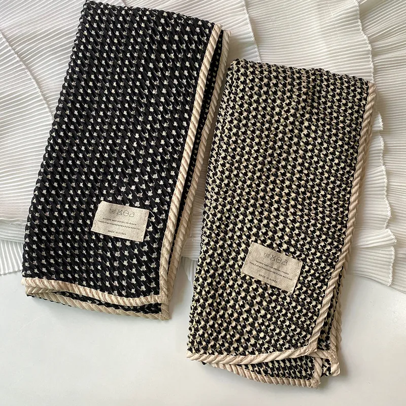 Classic Houndstooth Printed Cotton Linen Wrinkled Shawl Scarf For Women Korean Style Crinkled Long Pashmina Scarf Accessories