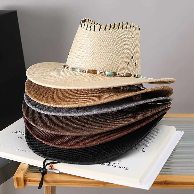 Western Cowboy Hut Strohgeflecht Atmungsaktiv Perlenband Verstellbarer Kinnriemen Sommer Retro Sonnenhut Damen Herren