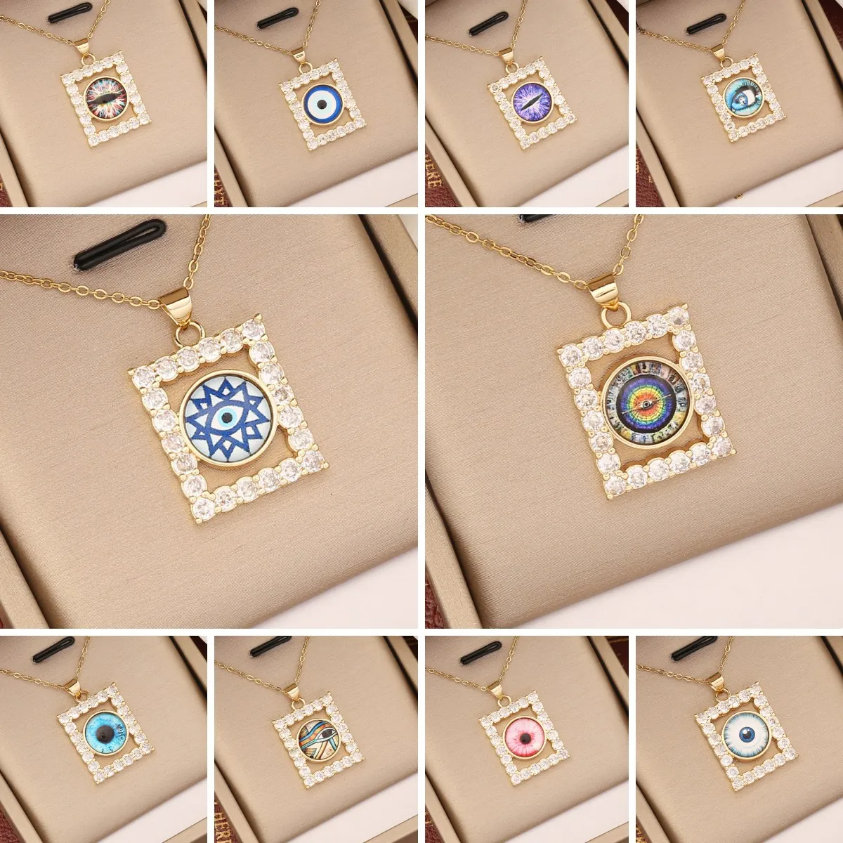 Böser Blick Anhänger Halskette 18K Vergoldetes Kupfer Mikro Zirkonia Quadratisch Ägyptisches Horusauge Schmuck