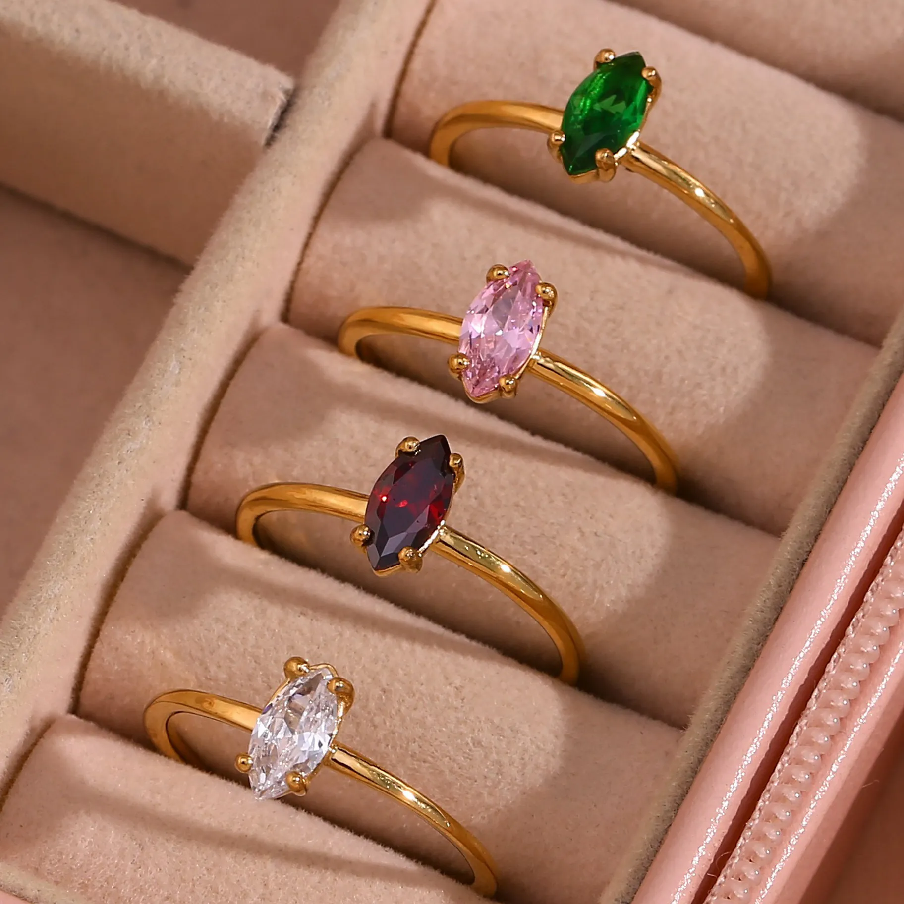 Fashion Stainless Steel Zirconia Adjustable Open Ring 18K Gold Plated Marquise Cut Horse Eye Stone Finger Ring For Women Jewelry