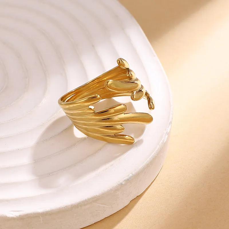 Irregular Fluid Design Open Ring Stainless Steel 18K Gold Plated Melting Metal Style Fashion Women Jewelry