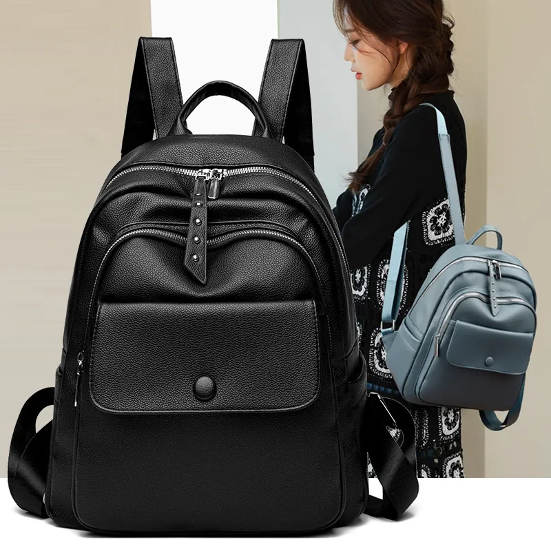 Women Backpack Soft PU Leather Lychee Pattern Large Capacity Multi Pockets Waterproof Travel Commute Fashion Simple Bag