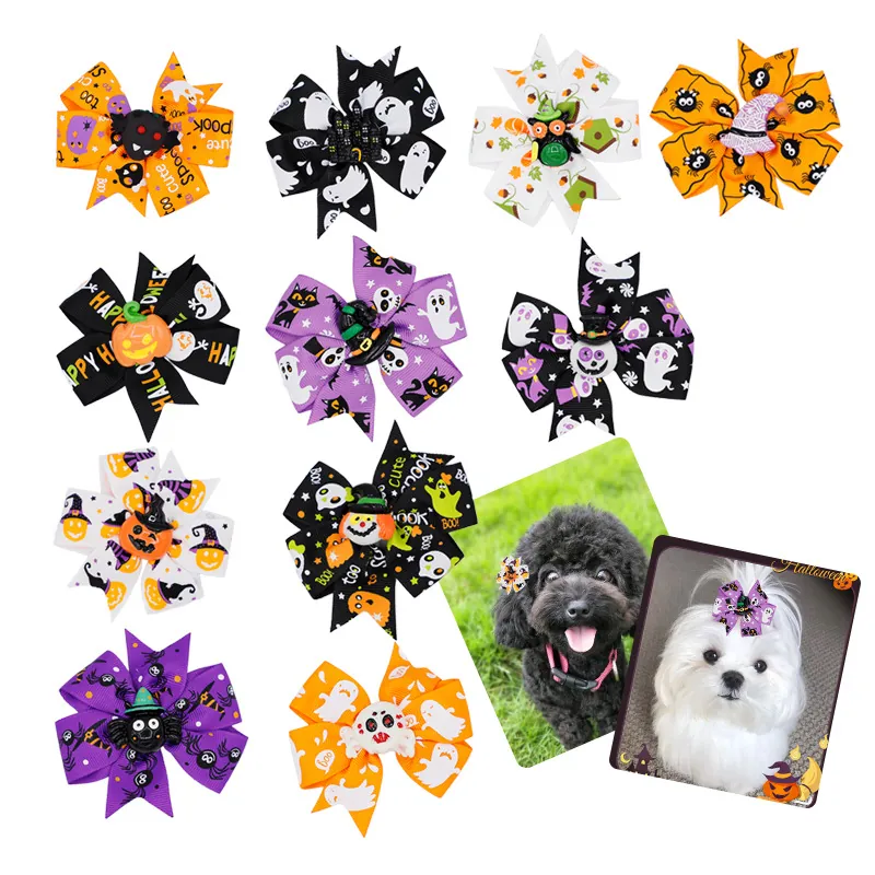 Halloween Bow Hair Clips Pumpkin Ghost Spider Witch Hat Ribbed Ribbon Hairpins For Kids Girls Pets Festive Accessories