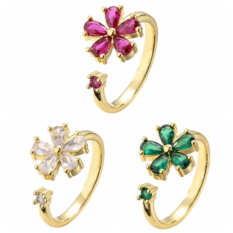 Eleganter Zirkon Blumenring Verstellbar Kupfer Fingerring Für Damen Koreanischer Stil INS Modeschmuck