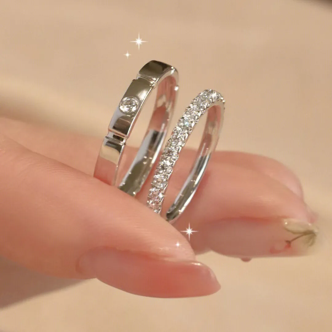 Minimalist Geometric Square Lovers Matching Rings Copper Cubic Zirconia Inlay Adjustable Niche Design Fashion Jewelry