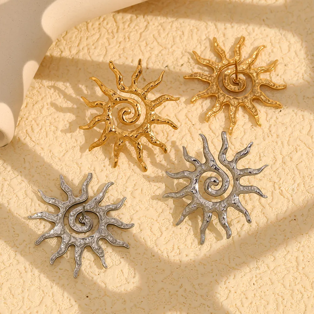 Boucles D'oreilles Puces Soleil Acier Inoxydable Plaqué Or 18K Spirale Rayon Texture Martelée Géométrique Vintage Boho Pour Femmes