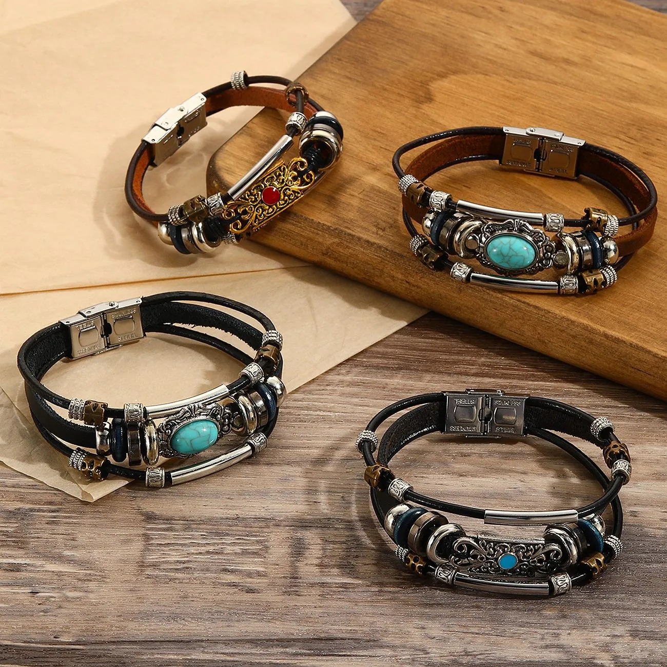 Men Multilayer Bracelet Genuine Leather Stainless Steel Braided Vintage Turquoise Anchor Compass Wristband Jewelry