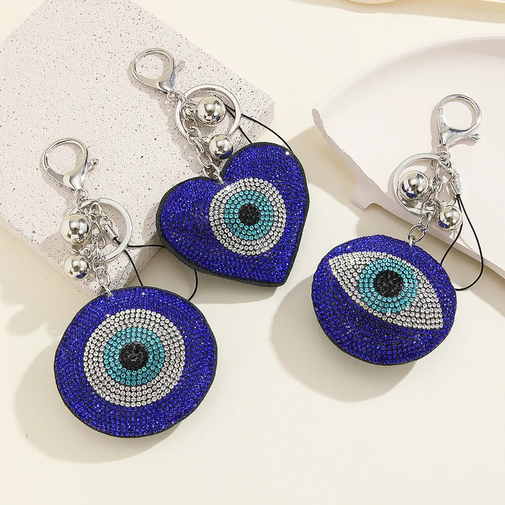 Turkish Evil Eye Keychain Bag Charm Rhinestone Inlaid Metal Heart Round Shape Pendant Accessory For Women