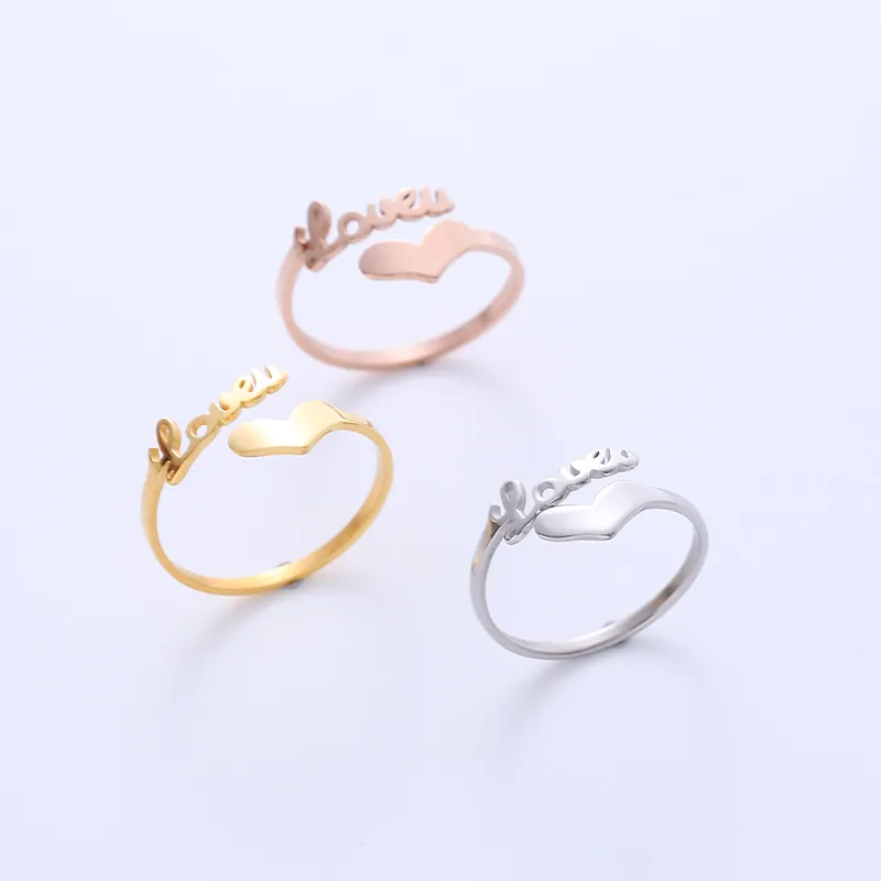 Heart Love Script Ring 316L Stainless Steel Open Adjustable Romantic Minimalist Jewelry For Women