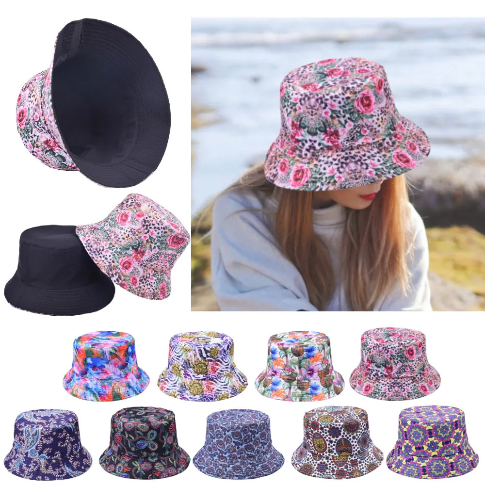 Reversible Bucket Hat Vintage Printed Washed Cotton Sun Protection Wide Brim Outdoor Beach Casual Hat For Men Women