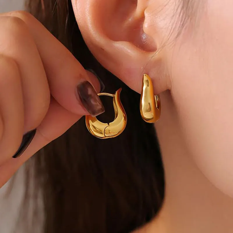Minimalist Chunky Teardrop Hoop Earrings Stainless Steel Polished Geometric Waterdrop Ear Studs For Women Trendy Office Wear