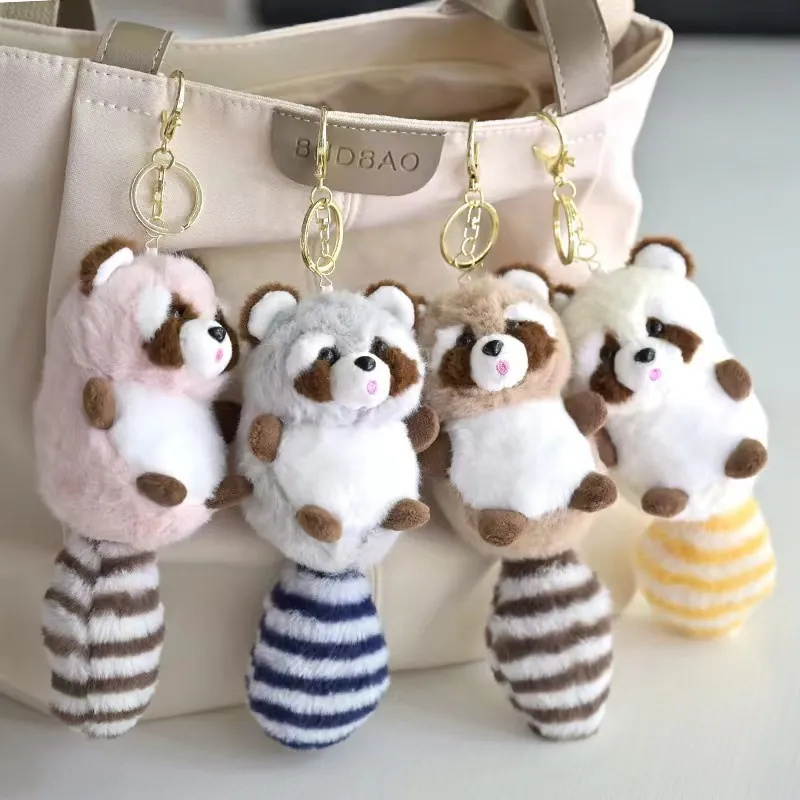 Schattige Wasbeer Pluche Sleutelhanger Met Lange Gestreepte Staart Zachte Knuffeldier Pop Tas Charm Voor Rugzak Decoratie