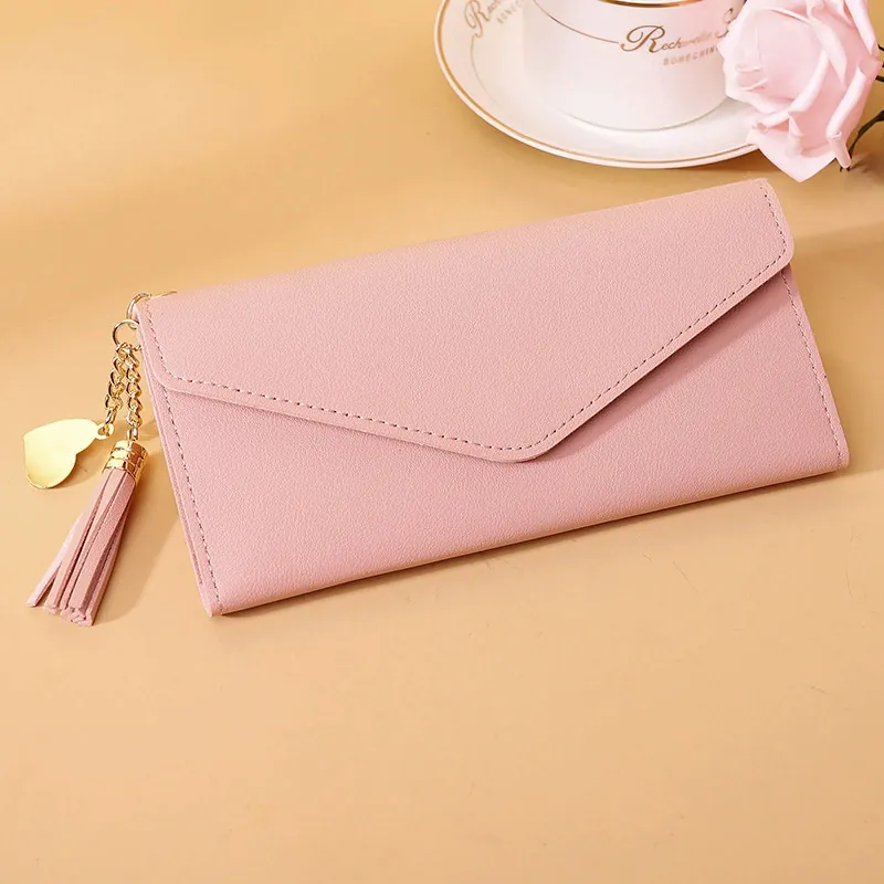 Damen Geldbörse Lang PU Leder Litschi Muster Umschlag Faltung Portemonnaie Mit Quaste Herz Anhänger Mode Clutch