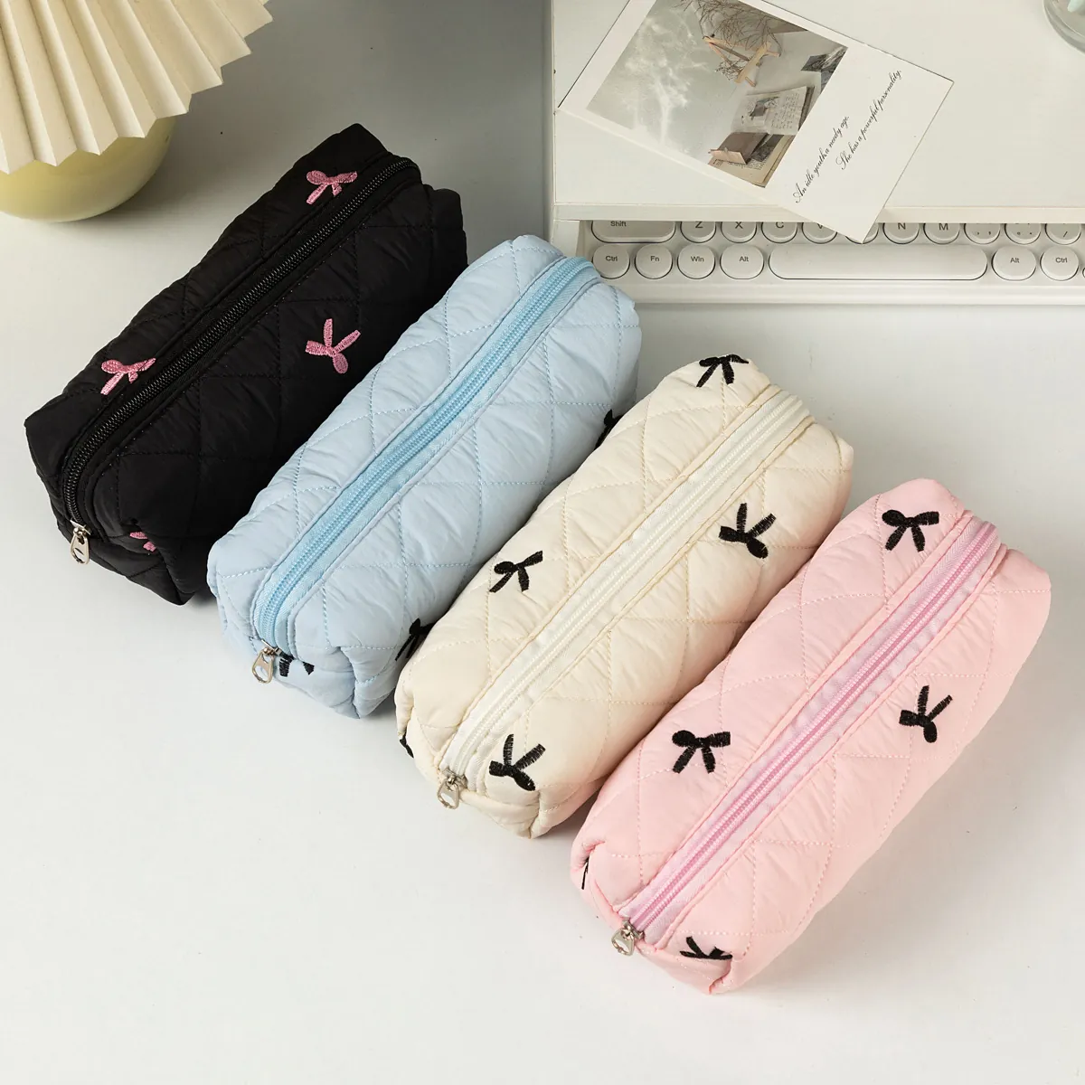 Quilted Pencil Case Embroidered Bow Knot Rhombus Pattern Large Capacity Stationery Bag School Office Desktop Storage Bag