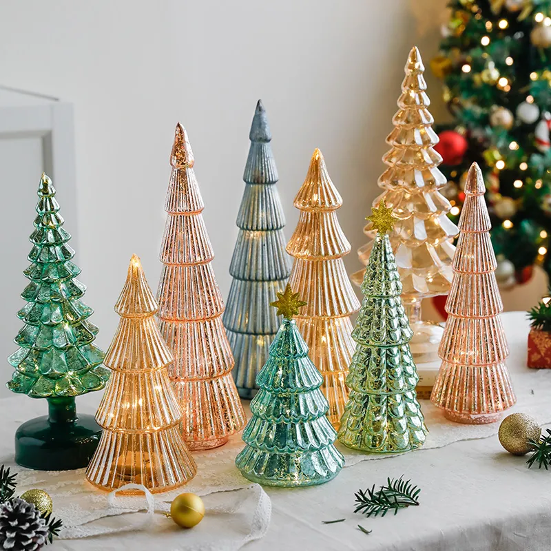 Light Up Glass Christmas Tree Tabletop Ornaments LED Glowing Holiday Party Home Decor Desktop Atmosphere Photography Props