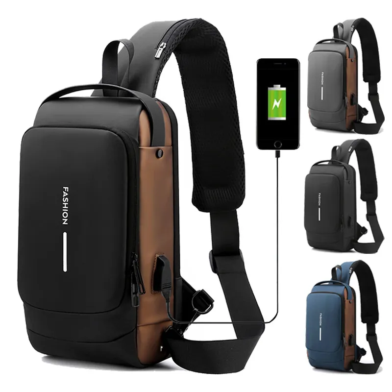 Anti-Theft Men Chest Bag Waterproof Oxford Cloth Sling Crossbody Bag With USB Charging Port Password Lock For Travel