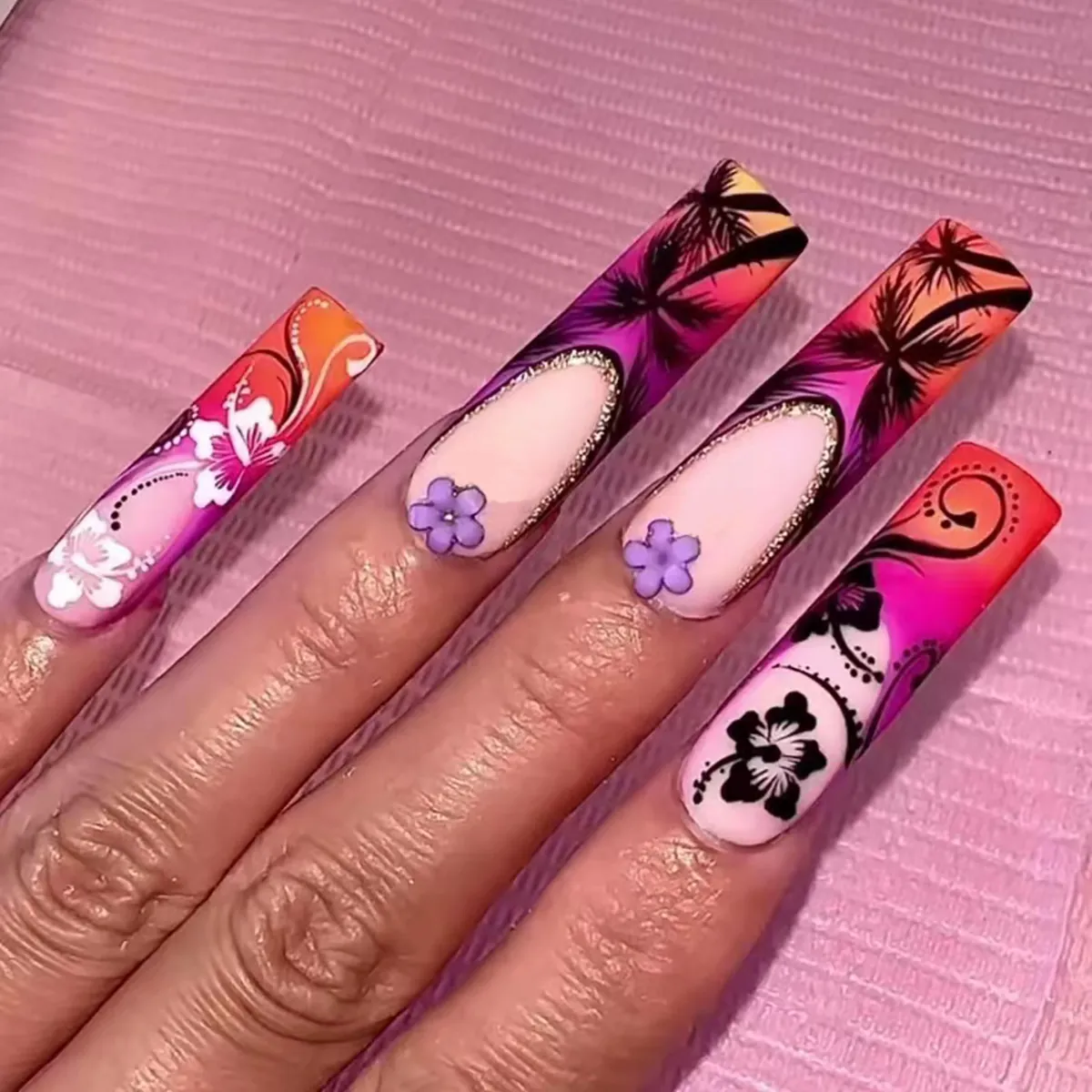 Hawaiian Tropical Style Press On Nails Long Square Pink Orange Gradient Palm Tree Floral Design Artificial False Nails