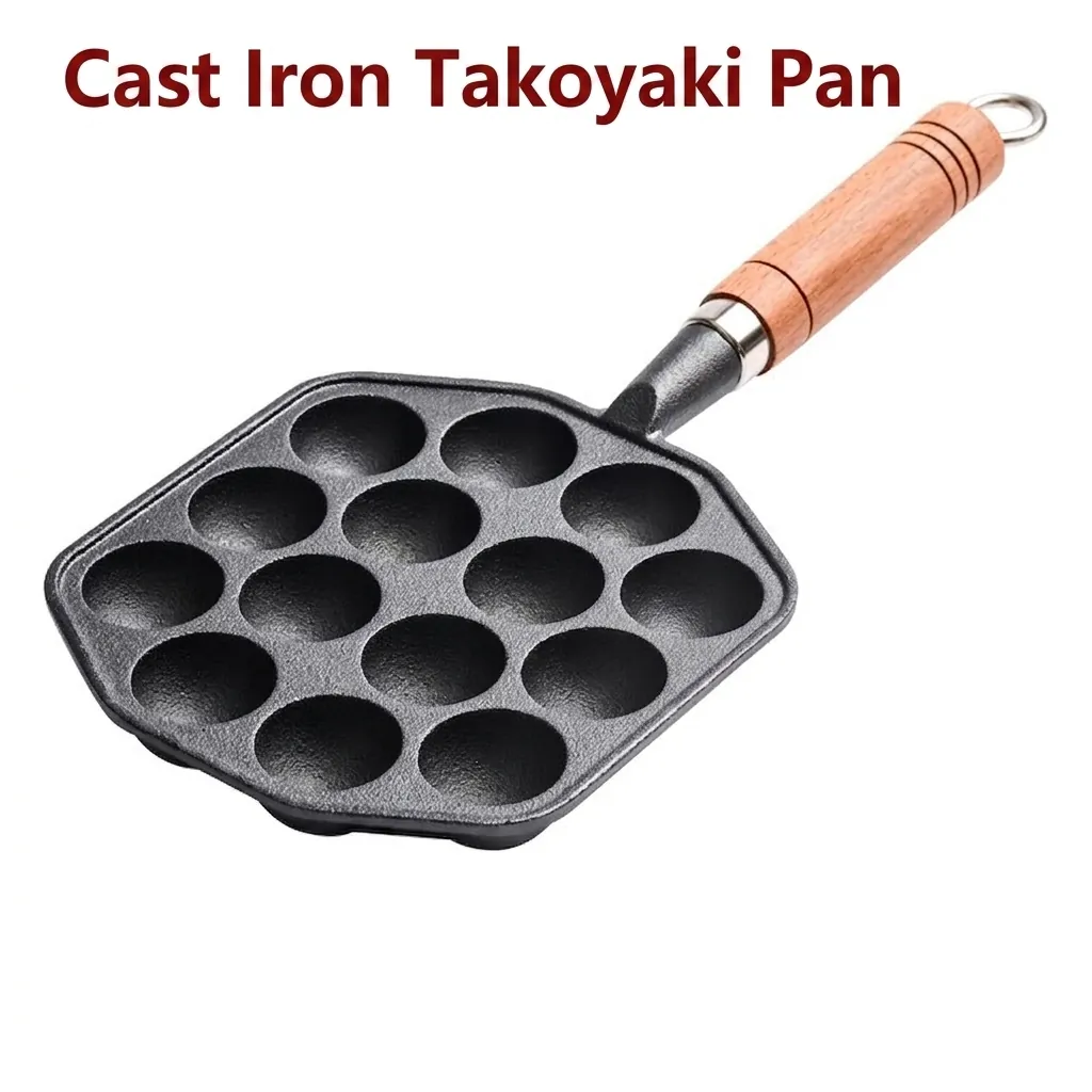 Padella Takoyaki In Ghisa Griglia Per Polpette Di Polpo Antiaderente Utensili Da Cucina E Manico In Legno