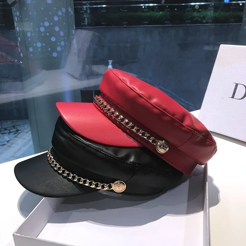 Newsboy Cap PU Leather Retro Navy Style With Gold Chain Flat Top For Women Vintage Autumn Winter Fashion