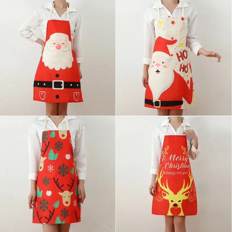 Christmas Apron Cotton Linen Blend Printed Santa Claus Reindeer Pattern Festive Neck Strap Kitchen Party Decor Adult