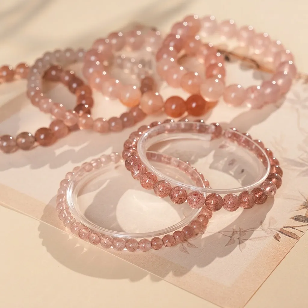 Bracelet En Perles Rondes De Quartz Fraise Naturel Niche Haut De Gamme Doux Mode Femmes Cadeau Élégant Accessoires