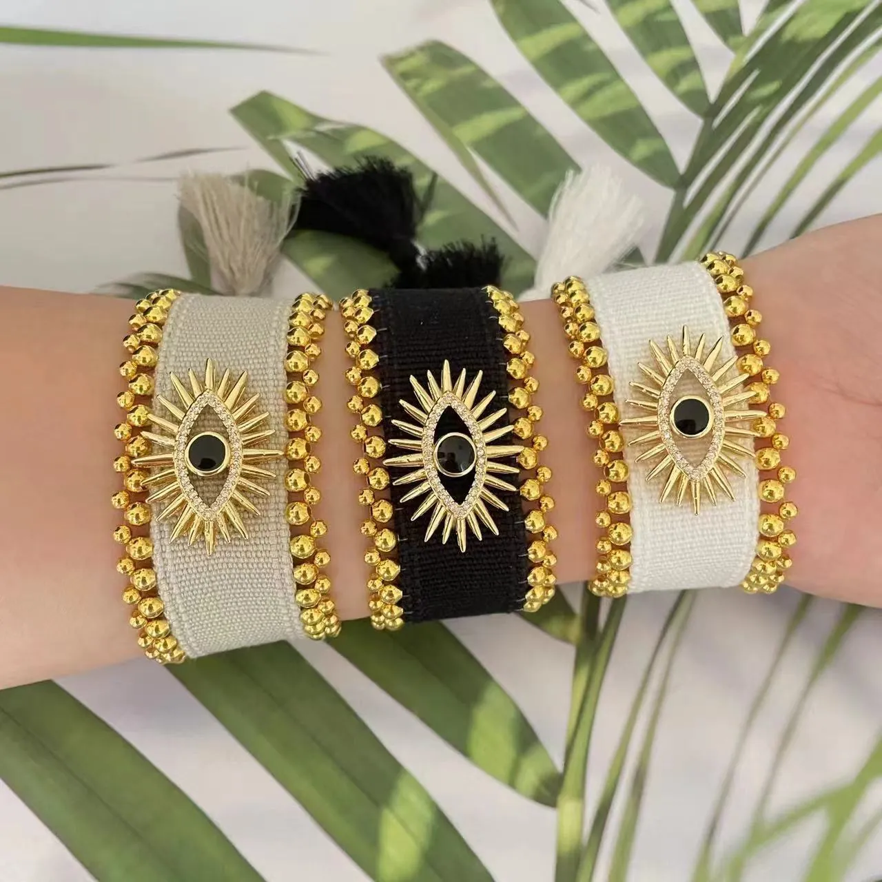 Evil Eye Gewebtes Stoffarmband Mit Legierungsmetallperlen Und Quaste Verstellbarer Bohème Vintage Schmuck Für Frauen