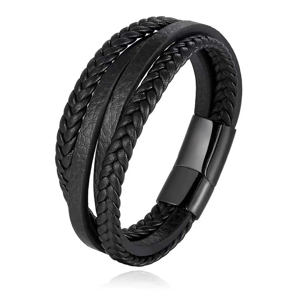 Men Multi Layer Braided Leather Bracelet Stainless Steel Magnetic Clasp Retro Punk Wristband Bangle