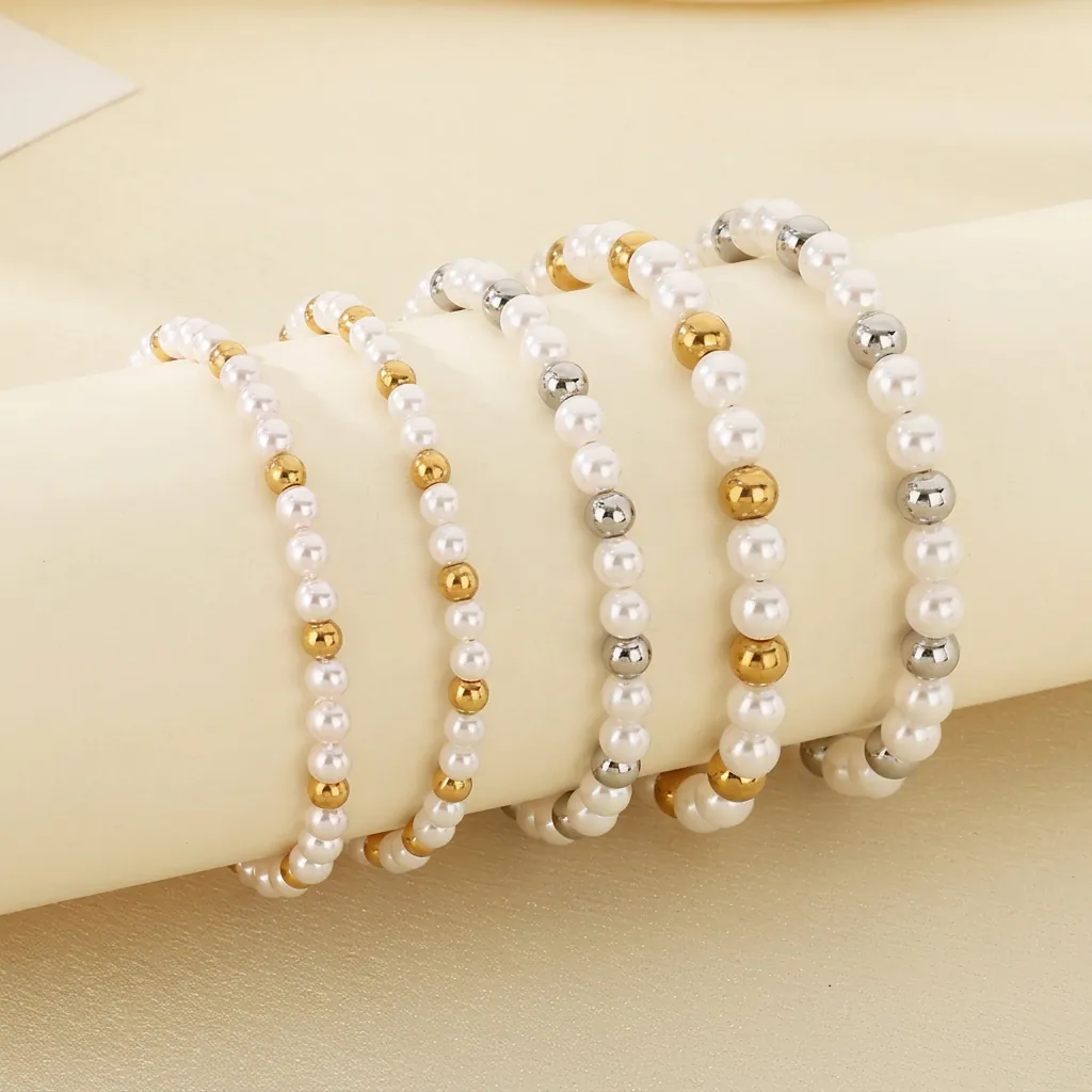 Künstliche Perlenarmband Edelstahl Polierte Metallperlen Glasperlen Elegante Verstellbare Kette Vielseitiger Modeschmuck Für Damen