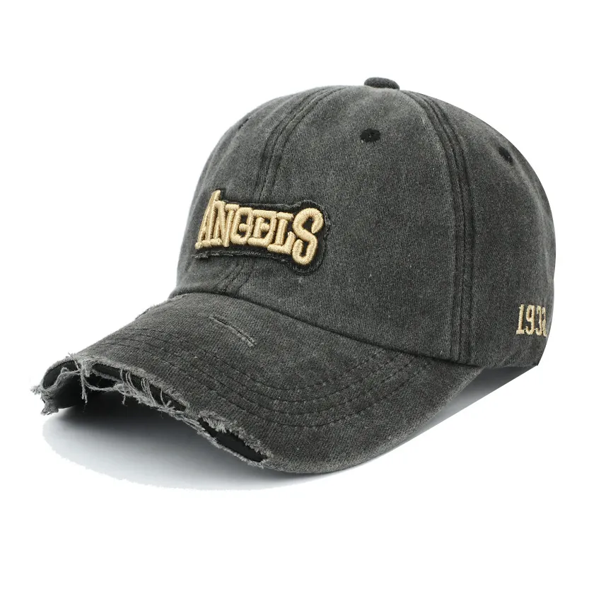 Distressed Washed Cotton Baseball Cap 3D Letter Embroidery Retro American Style Ripped Edge Sunshade Hat For Men Women