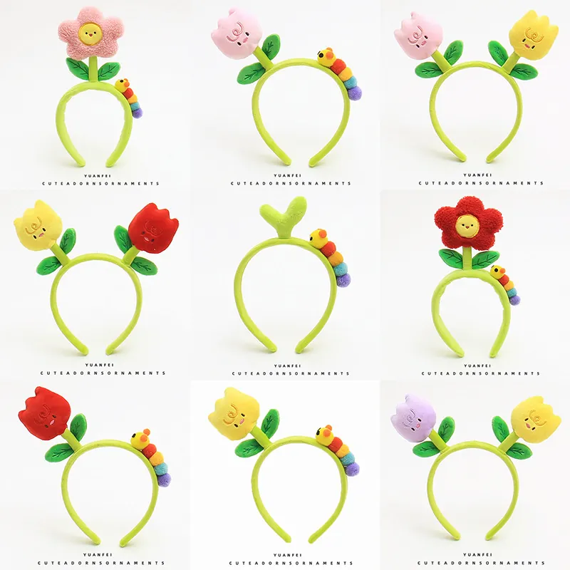 Cute Plush Cartoon Flower Tulip Caterpillar Headband Sweet Soft Fabric Hair Accessories For Girls Women