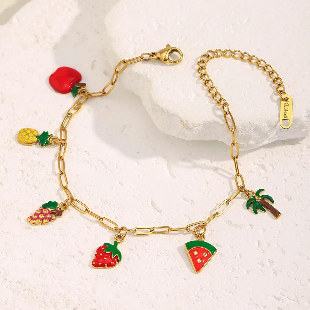 Collier Et Bracelet En Acier Inoxydable Plaqué Or 18K Pendentifs Fruits Émail Ananas Pastèque Bijoux D'été