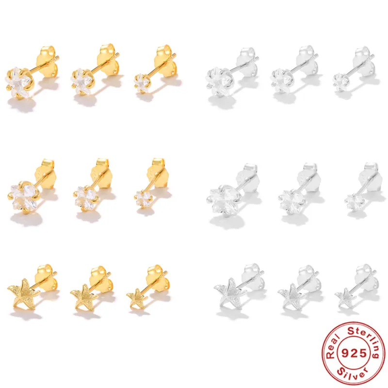 925 Sterling Silver Zirconia Stud Earrings Star Starfish Geometric Tiny Stackable Minimalist Jewelry For Women Girls