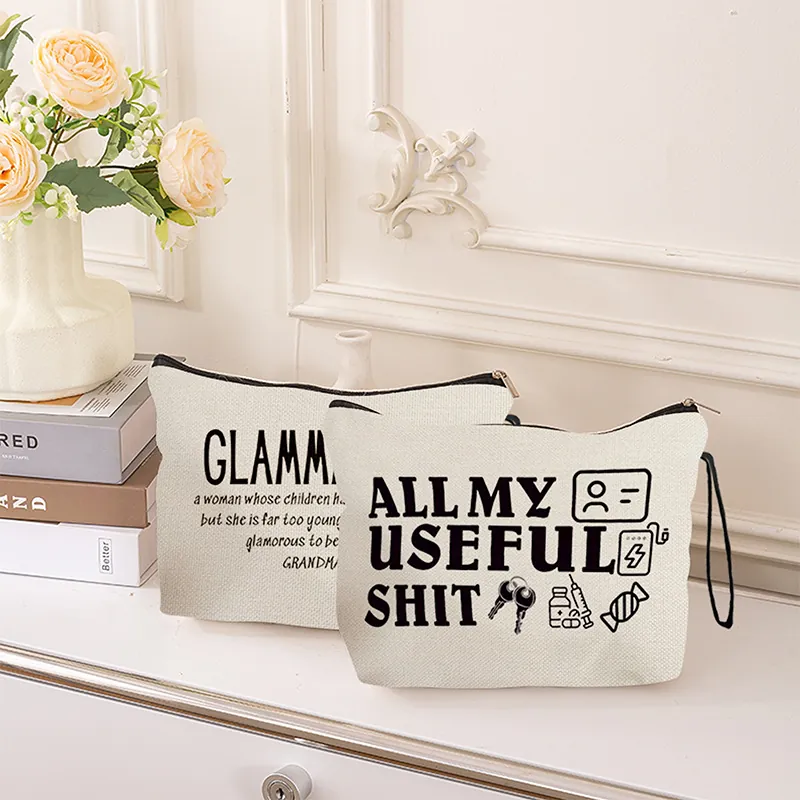 Funny Slogan Cotton Linen Canvas Makeup Bag Portable Travel Toiletry Pouch Zipper Cosmetic Case With Wrist Strap