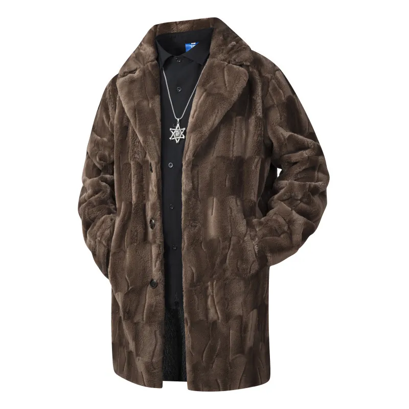 Men Long Faux Fur Overcoat Thickened Warm Winter Jacket Lapel Collar Block Textured Outerwear