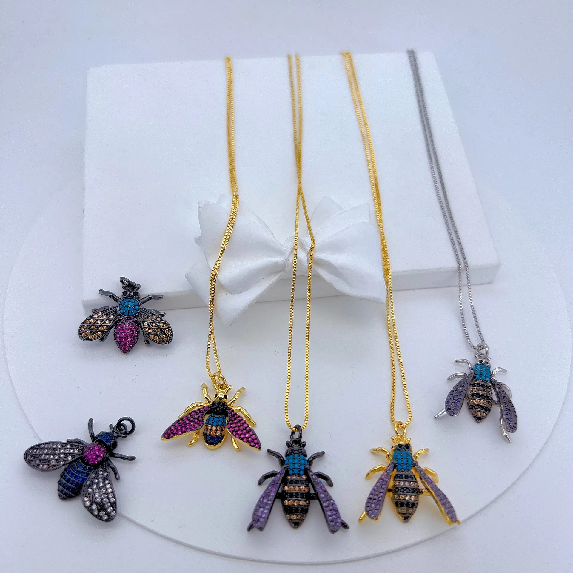 Bee Insect Pendant Necklace Copper Zircon Colorful Rhinestone Animal Jewelry Trendy Fashion For Women Girls