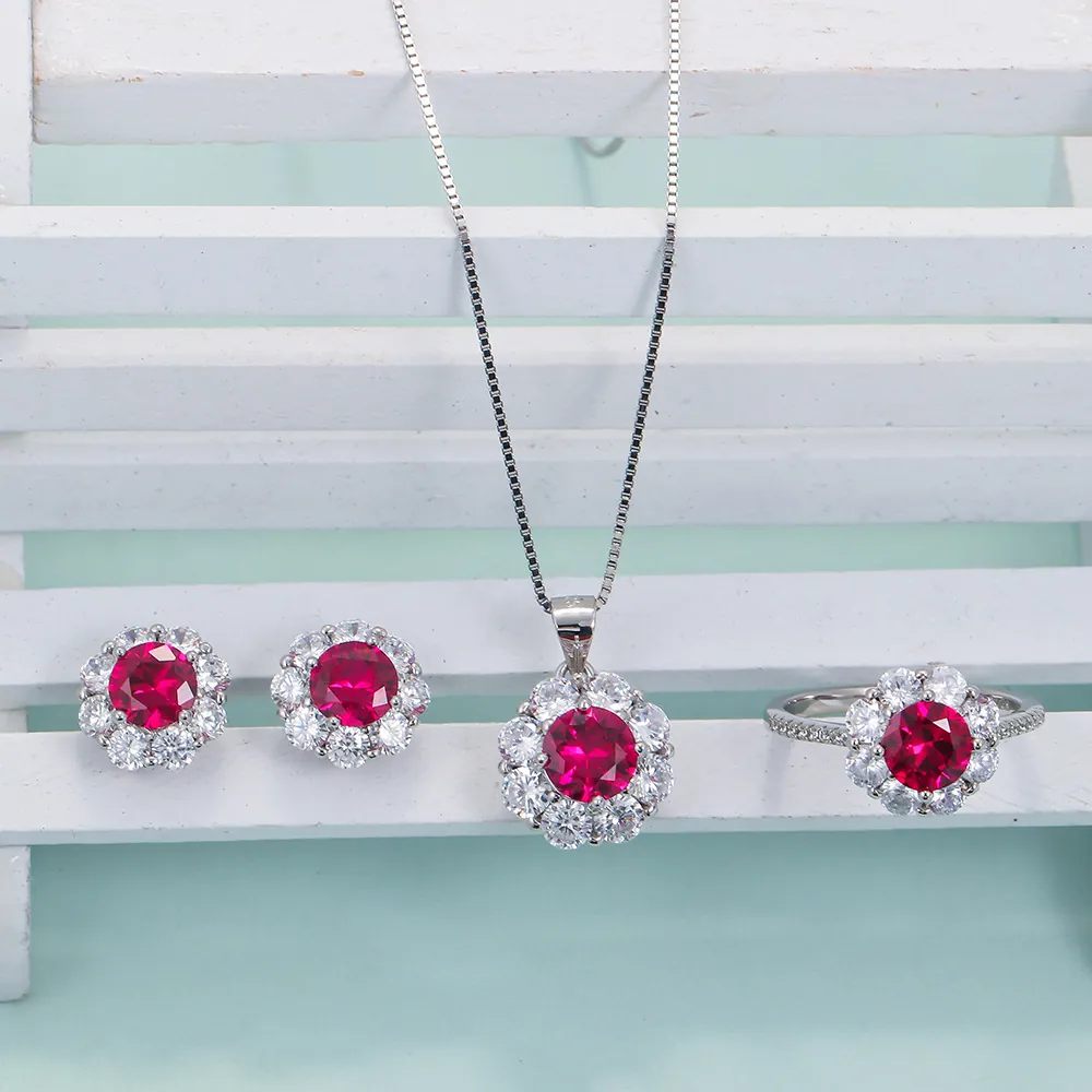 Red Gemstone Round Zircon Halo Necklace Stud Earrings And Ring Copper Silver Plated Jewelry For Women Elegant Sweet Style
