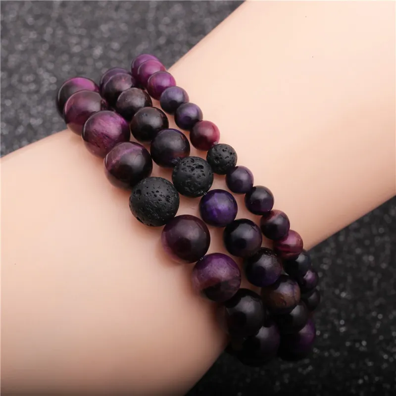 Purple Tiger Eye Stone Beaded Bracelet Handmade Round Elastic Volcanic Lava Rock Minimalist Unisex Wristband Gift