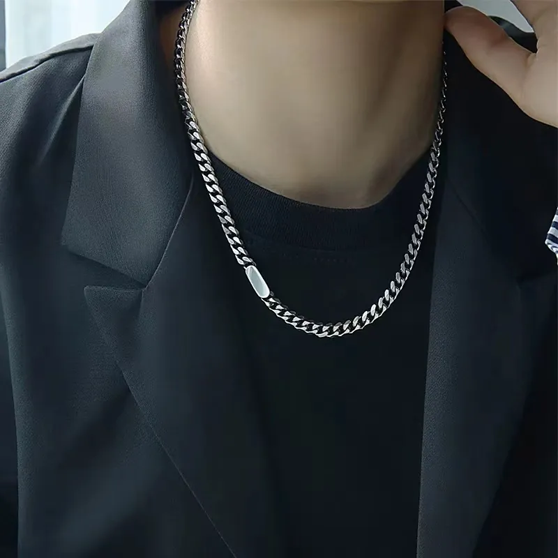 Unisex Hip Hop Titanium Steel Necklace With Rectangular Tag Pendant Cuban Link Chain Fashion Jewelry