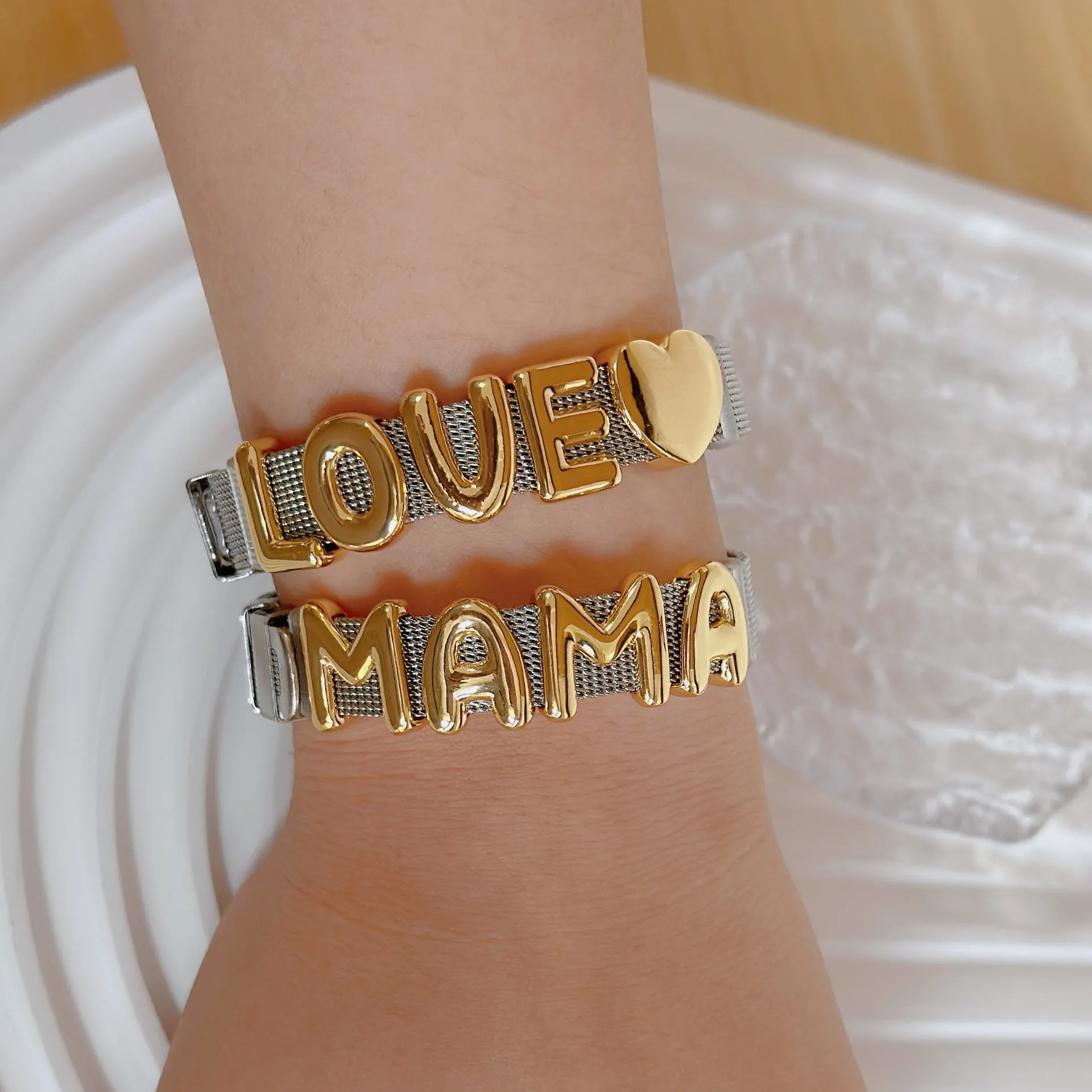 Mesh Band Bracelet Copper Gold Plated LOVE MAMA Alphabet Adjustable Watchband Style Retro Jewelry For Women