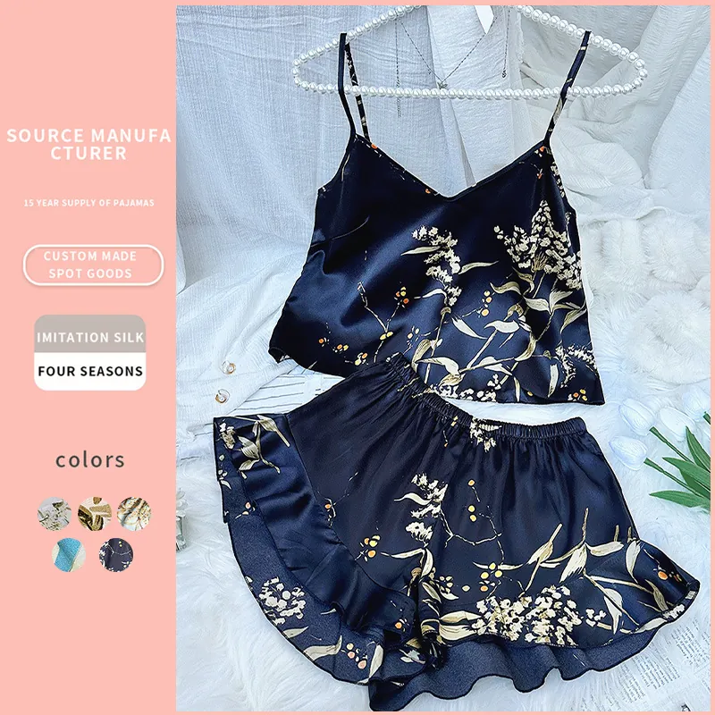 Pyjama Femme Imitation Satin Satin Imprimé Floral Haut À Camisole Sans Manches Col En V Et Short À Volants Détente
