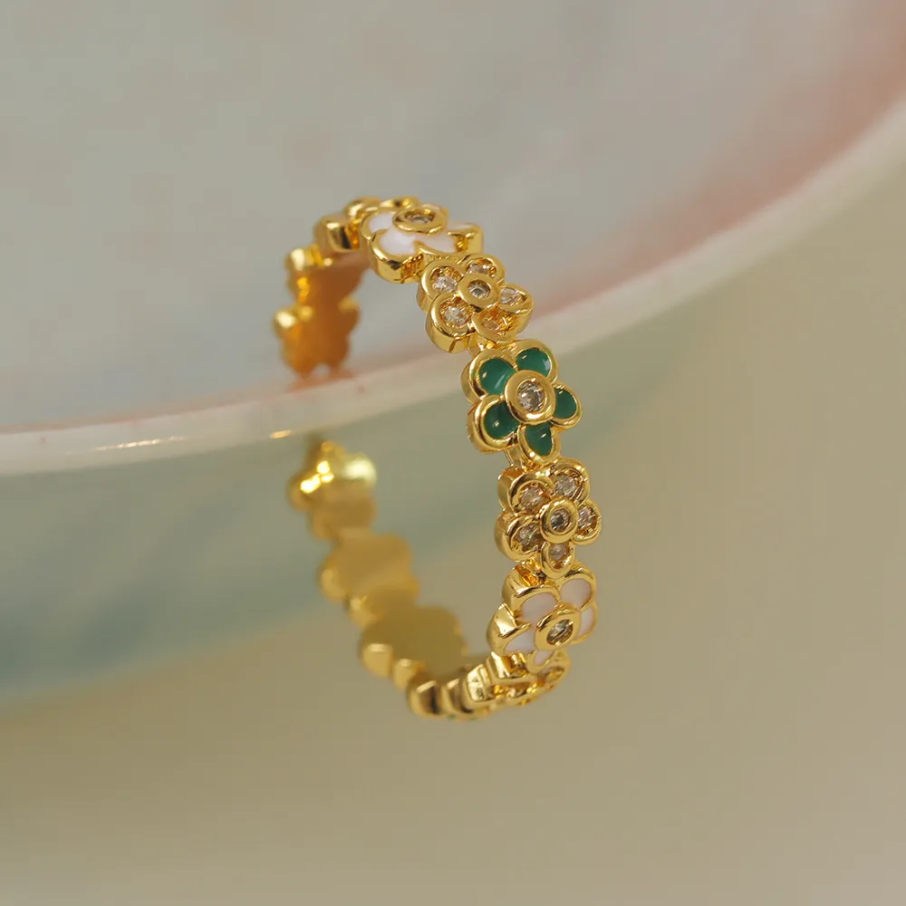 Exquisite 18K Gold Plated Copper Enamel Flower Adjustable Open Ring With Sparkling Zircon Elegant Floral Jewelry Women