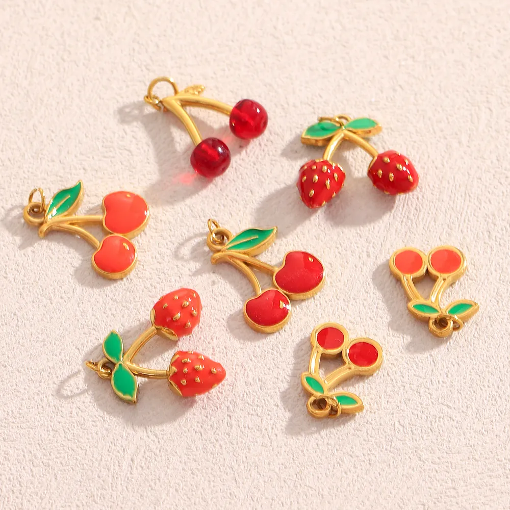 Fruit Cherry Strawberry Pendants Stainless Steel 18K Gold Plated Enamel Charms DIY Jewelry Making Fashion Women