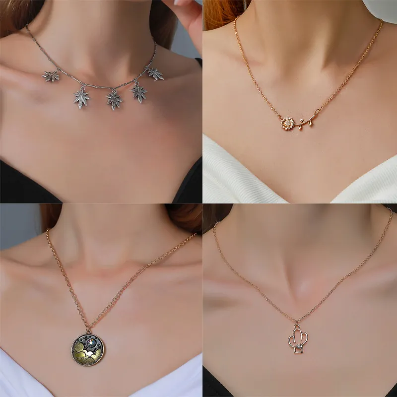 Alloy Rhinestone Sunflower Pendant Necklace For Women Personalized Fashion Maple Leaf Cactus Rose Enamel Clavicle Chain Jewelry