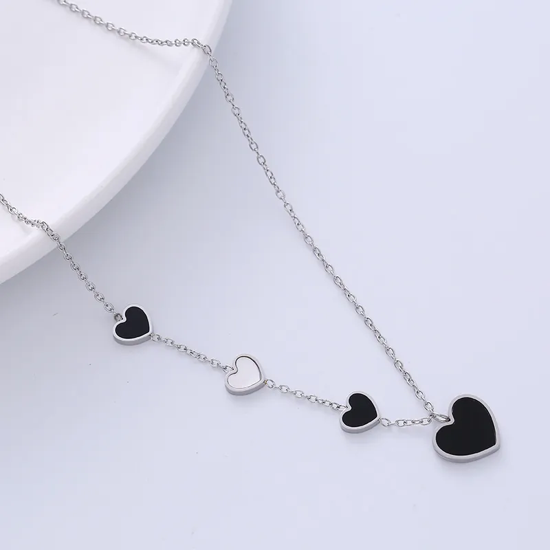 Fashion Stainless Steel Heart Pendant Necklace For Women Elegant Silver Color Black White Enamel Multi Heart Clavicle Chain