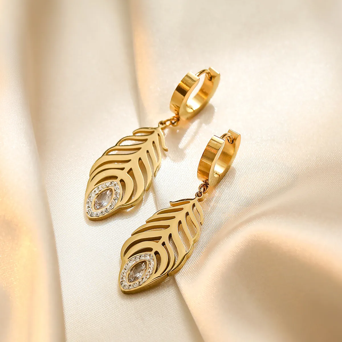 Vintage Feather Drop Earrings And Cubic Zirconia Hoop Earrings Stainless Steel Gold Plated For Women Chic Jewelry