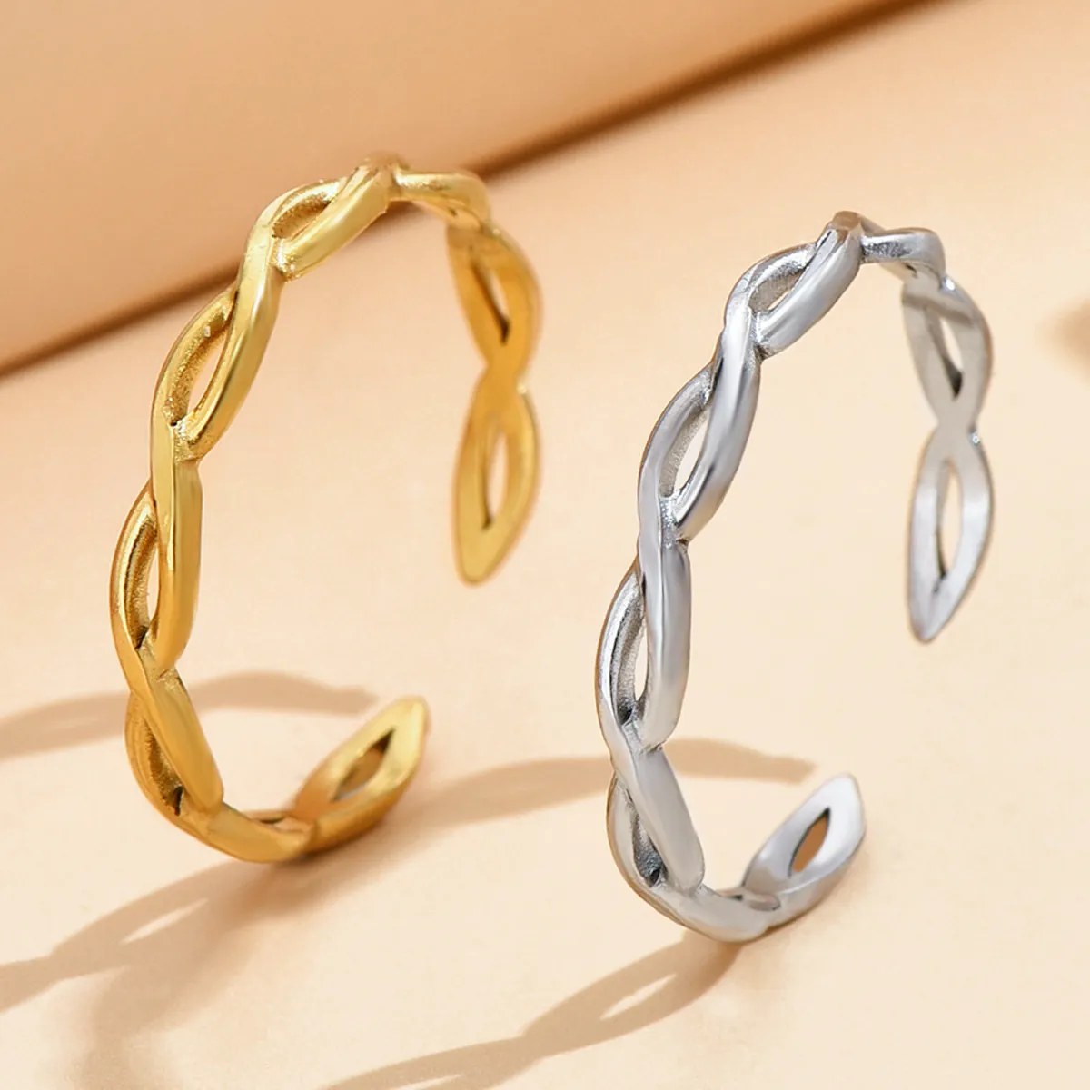 Minimalist Braided Twisted Stainless Steel Open Ring For Women Adjustable Geometric Gold Plated Jewelry