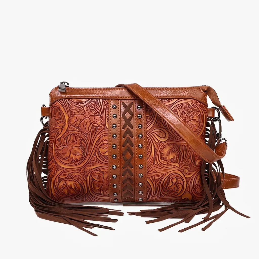 Bohemian PU Leather Crossbody Bag With Floral Embossing Tassel And Rivet Decor Retro Adjustable Shoulder Bag For Women