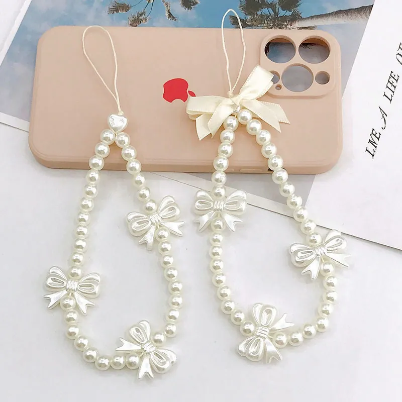 Sweet Faux Artificial Pearl Bowknot Phone Lanyard Handmade Beaded Anti-Drop Phone Chain For Women Girl Phone Charm Accessory