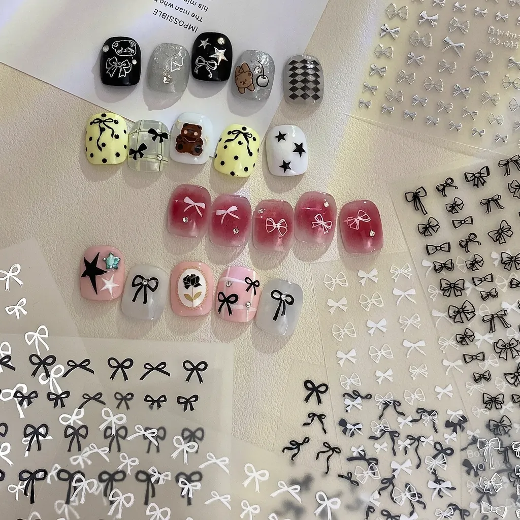 Nail Art Stickers Self Adhesive Bowknot Heart Butterfly Bear Cat Designs DIY Decoration Manicure Accessories Sweet Style