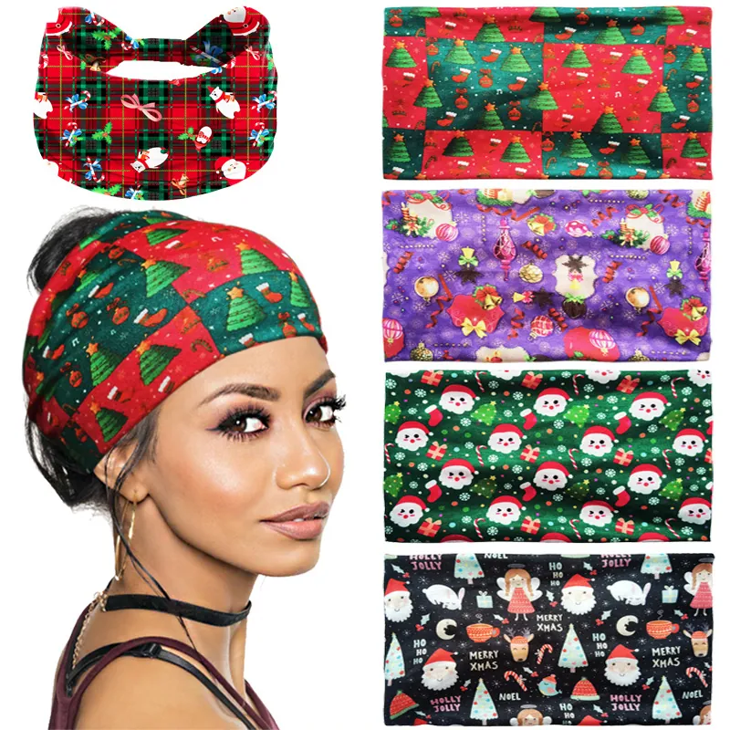 Christmas Headband Wide Elastic Hair Band Non Slip For Women Girls Holiday Party Santa Reindeer Print Fabric Headwrap